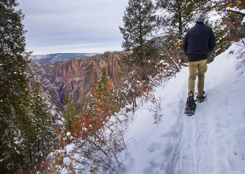 Snowshoer hikes along tree-lined trail with views of canyon.