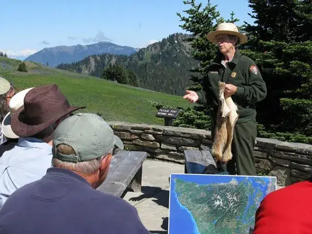 Park visitors sit on benches. Their attention is on a park ranger who is holding an animal pelt, leading a ranger-led program.