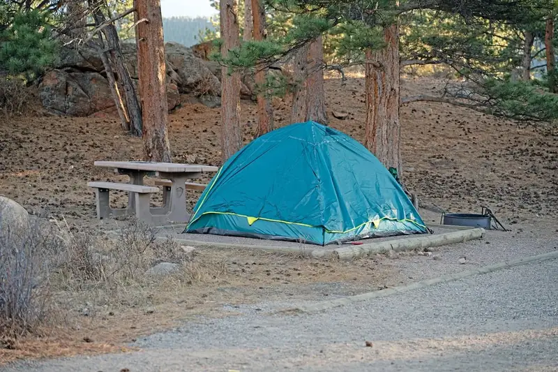 A green tent is set up on a tent pad in a campsite